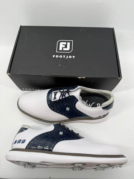 Footjoy Myjoys Traditions Golf Shoes Custom White Navy MBD Initials 11 Wide