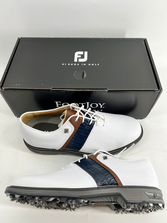 Footjoy Myjoys Premiere Series Packard Golf Shoes White Navy Brown 8.5 M