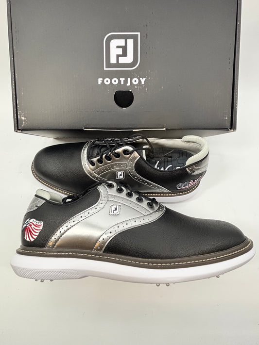 Footjoy Myjoys Traditions Series Golf Shoes Black Shiny Silver USA 10 M