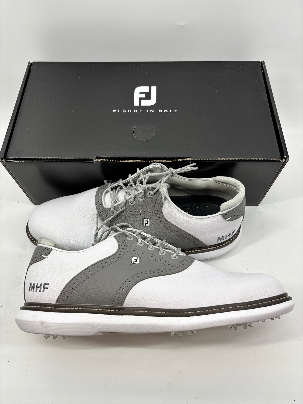 Footjoy Myjoys Traditions Series Golf Shoes White Grey MHF Logo Size 11 Wide