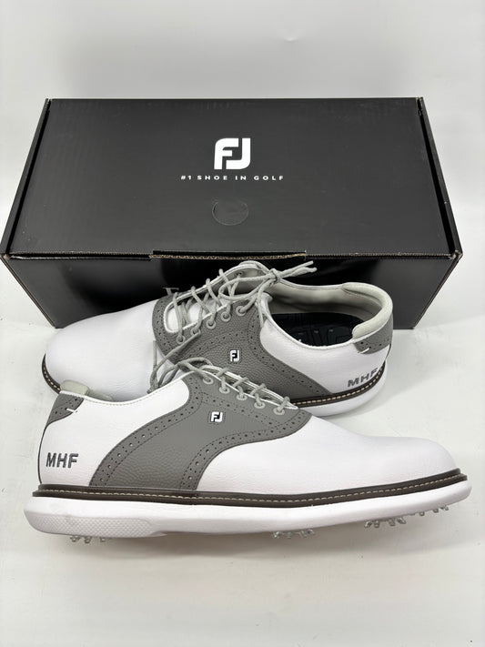 Footjoy Myjoys Traditions Series Golf Shoes White Grey MHF Logo Size 11 Wide