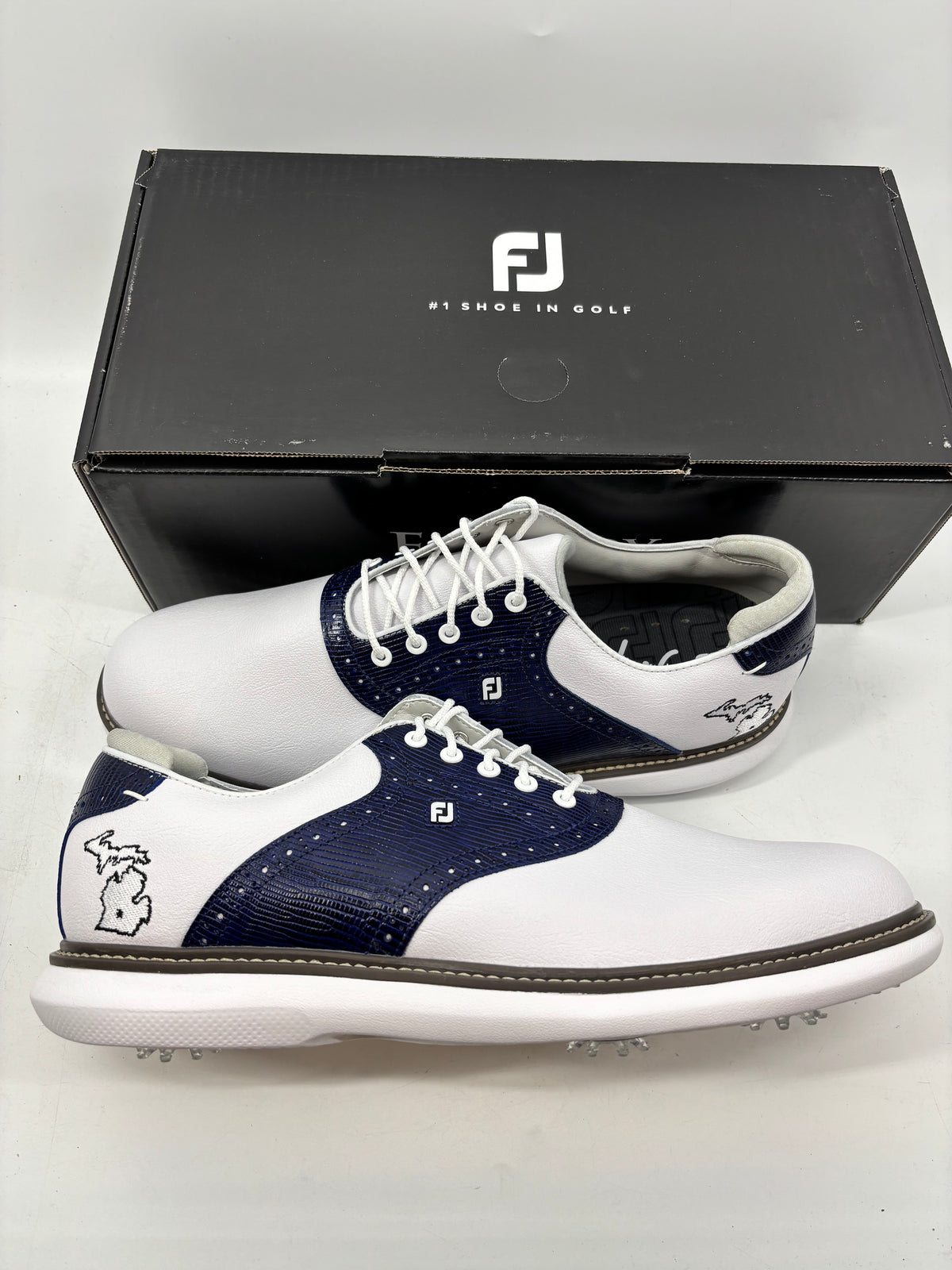 Footjoy Myjoys Traditions Series Golf Shoes White Blue Michigan Custom 12.5 M