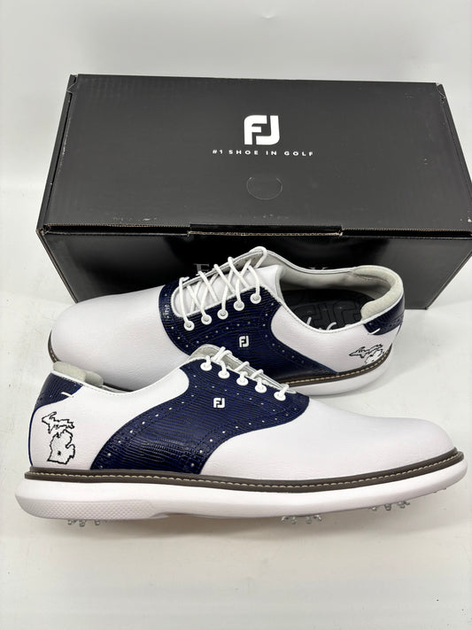 Footjoy Myjoys Traditions Series Golf Shoes White Blue Michigan Custom 12.5 M
