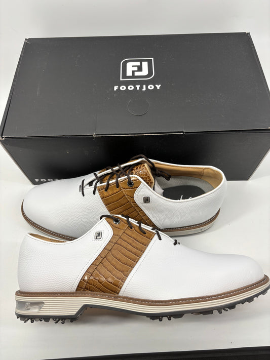 Footjoy Myjoys Premiere Custom Packard Golf Shoes White w/ Brown Gator 12 M