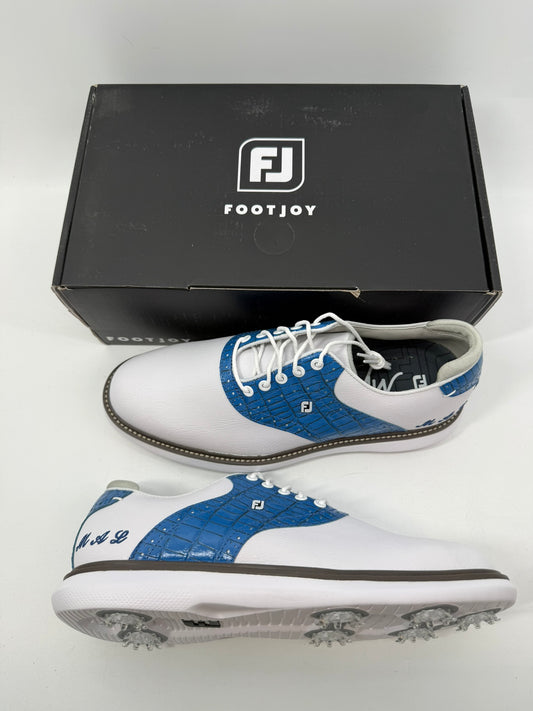 Footjoy Myjoys Traditions Golf Shoes Custom White Blue MAL Initials 9 Medium