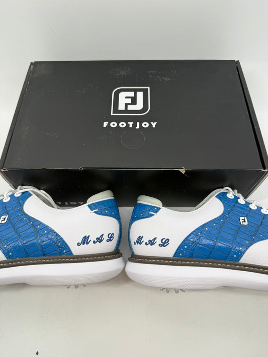 Footjoy Myjoys Traditions Golf Shoes Custom White Blue MAL Initials 9 Medium
