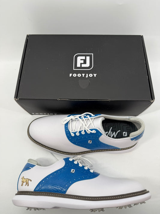 Footjoy Myjoys Traditions Golf Shoes Custom White Blue Golden Retriever 10.5 Med