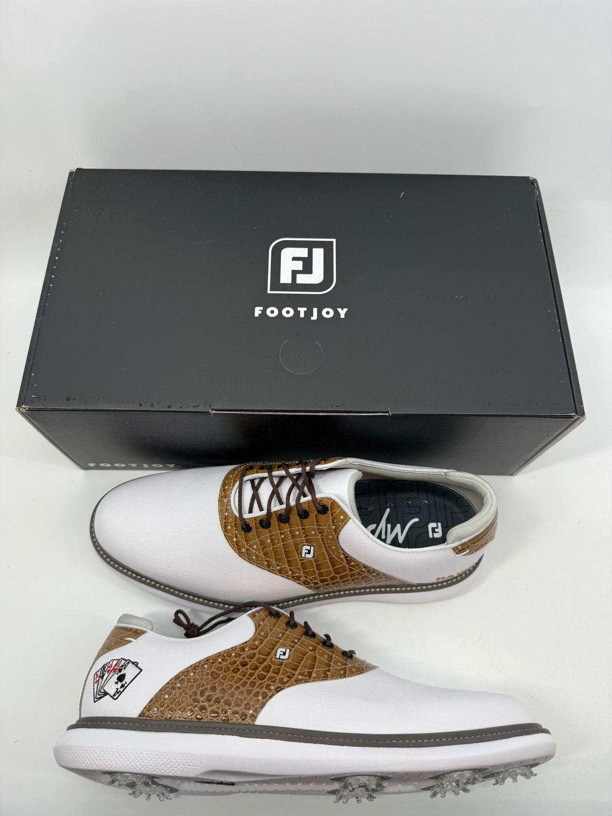 Footjoy Myjoys Traditions Golf Shoes Custom White Tan HAWK Poker 11.5 Med