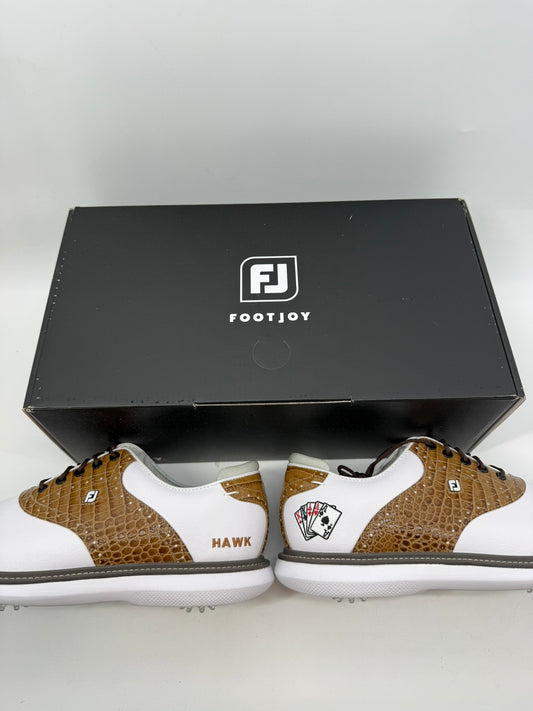 Footjoy Myjoys Traditions Golf Shoes Custom White Tan HAWK Poker 11.5 Med