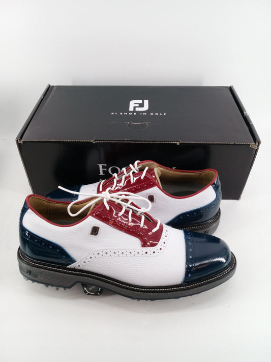 Footjoy Myjoys Premiere Series Tarlow Golf Shoes White Red Blue Patent 7 Narrow